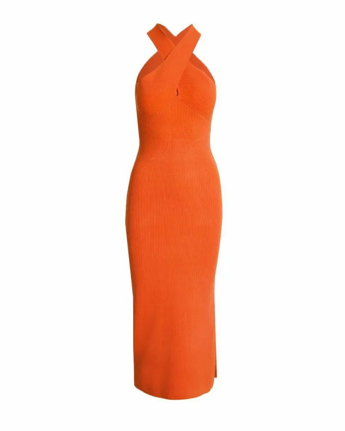 Forcast Beatrix Crisscross Neck Dress Rust Women Midi Dresses