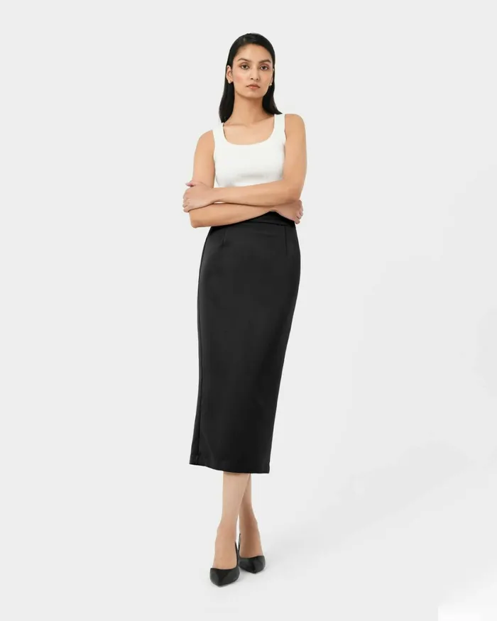 Forcast Bel Tailored Satin Midi Skirt Black Women Midi and Maxi Skirts