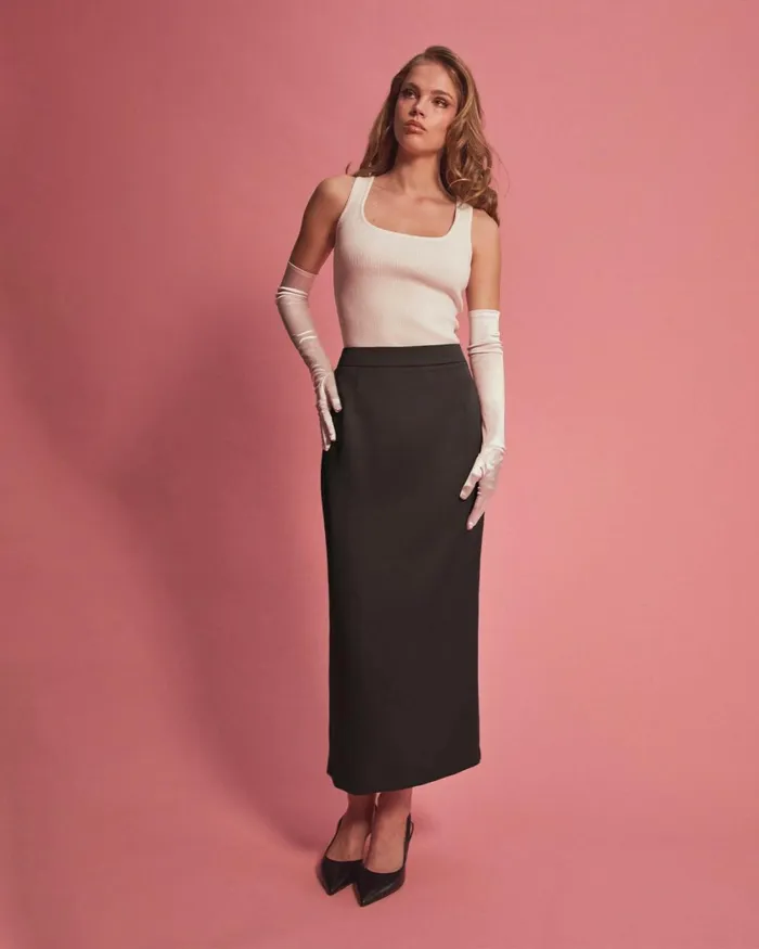 Forcast Bel Tailored Satin Midi Skirt Black Women Midi and Maxi Skirts