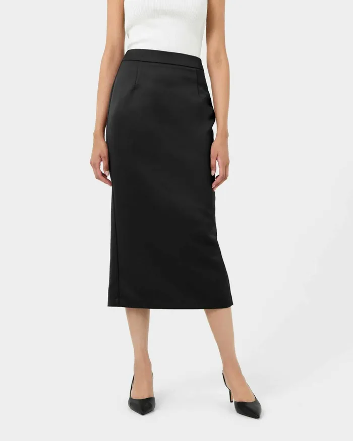 Forcast Bel Tailored Satin Midi Skirt Black Women Midi and Maxi Skirts