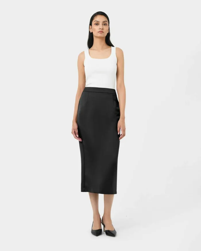 Forcast Bel Tailored Satin Midi Skirt Black Women Midi and Maxi Skirts