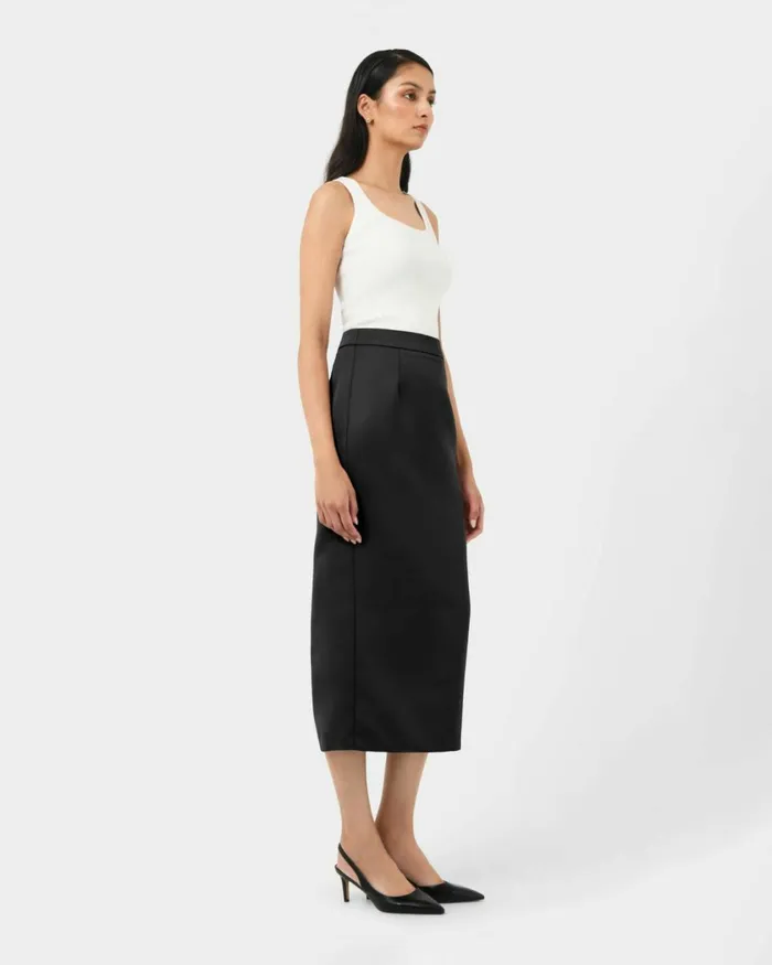 Forcast Bel Tailored Satin Midi Skirt Black Women Midi and Maxi Skirts