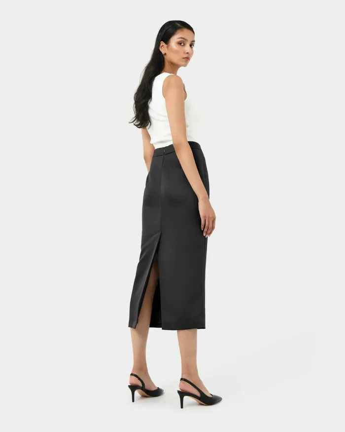 Forcast Bel Tailored Satin Midi Skirt Black Women Midi and Maxi Skirts