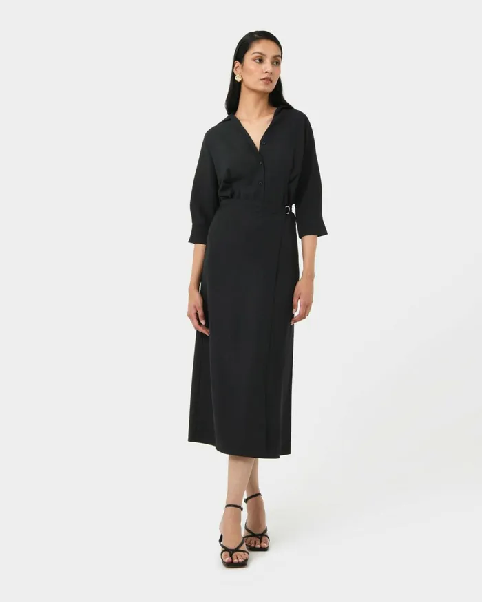 Forcast Betty Wrap Tie Dress Black Women Midi Dresses