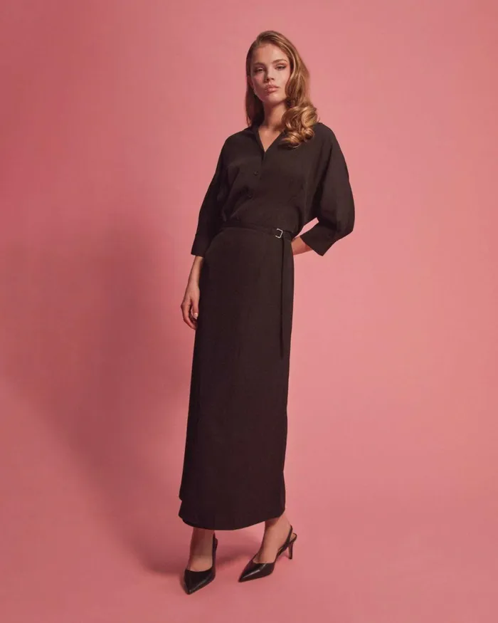 Forcast Betty Wrap Tie Dress Black Women Midi Dresses