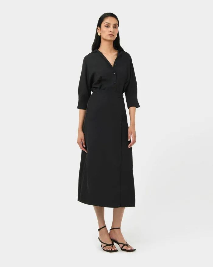 Forcast Betty Wrap Tie Dress Black Women Midi Dresses