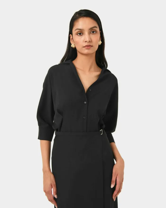 Forcast Betty Wrap Tie Dress Black Women Midi Dresses