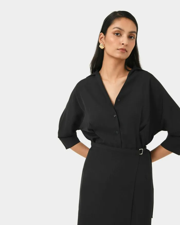 Forcast Betty Wrap Tie Dress Black Women Midi Dresses