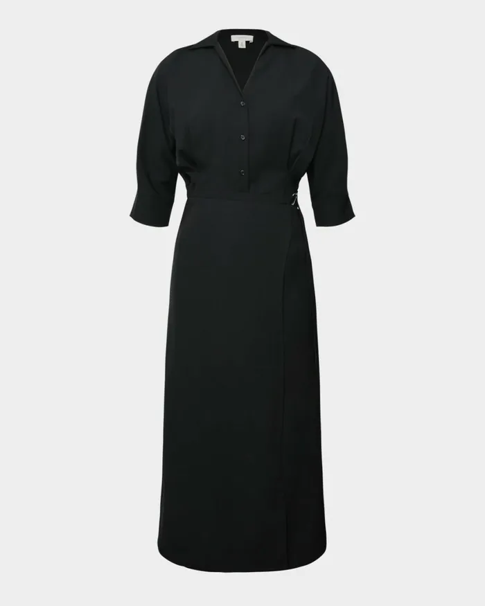 Forcast Betty Wrap Tie Dress Black Women Midi Dresses