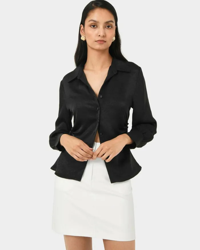 Forcast Blair Satin Collar Blouse Black Women TShirts and Tops