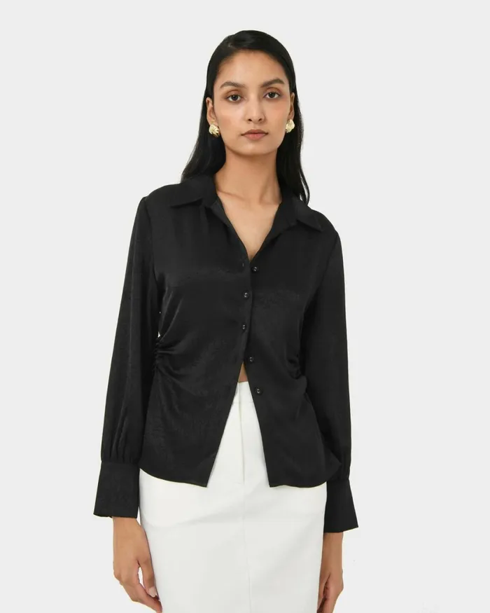 Forcast Blair Satin Collar Blouse Black Women TShirts and Tops