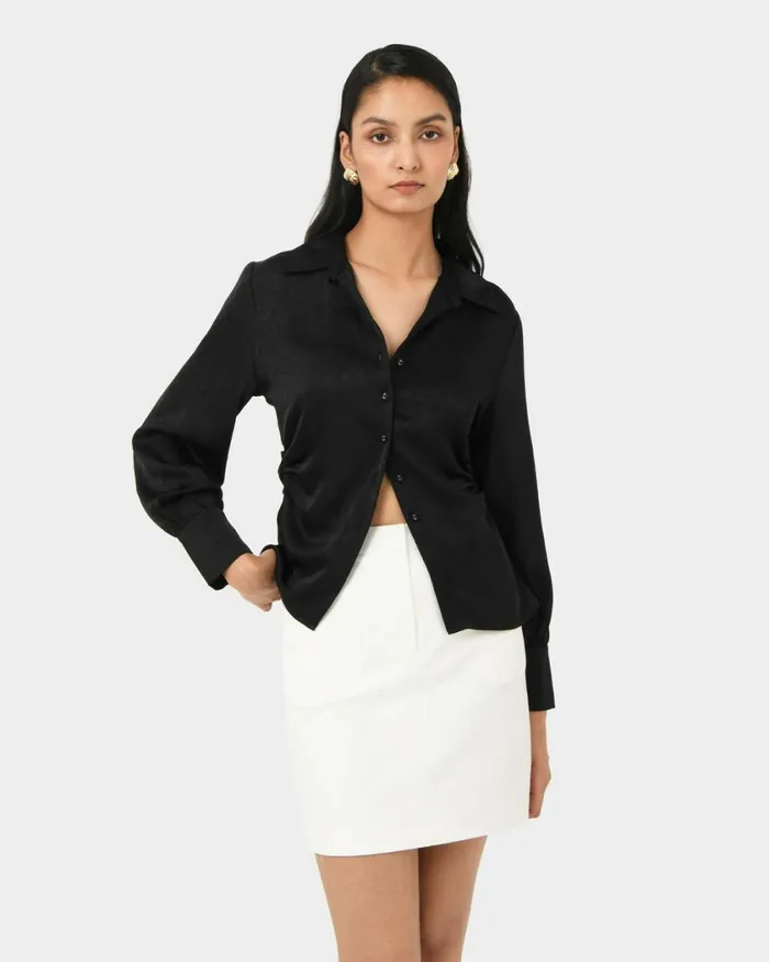 Forcast Blair Satin Collar Blouse Black Women TShirts and Tops
