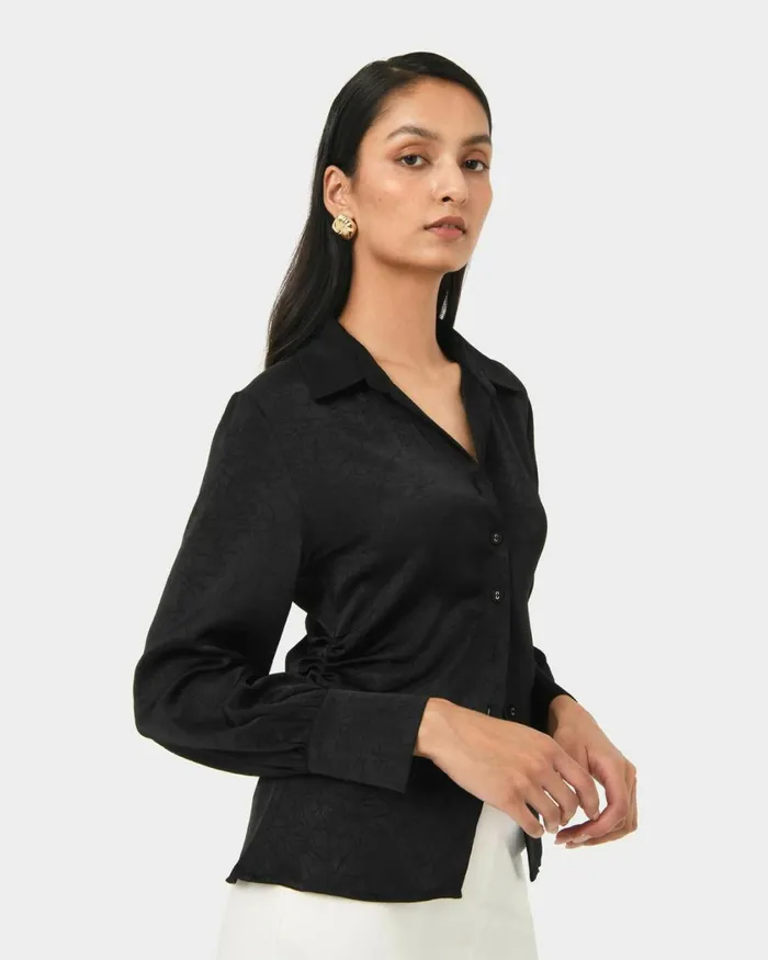 Forcast Blair Satin Collar Blouse Black Women TShirts and Tops