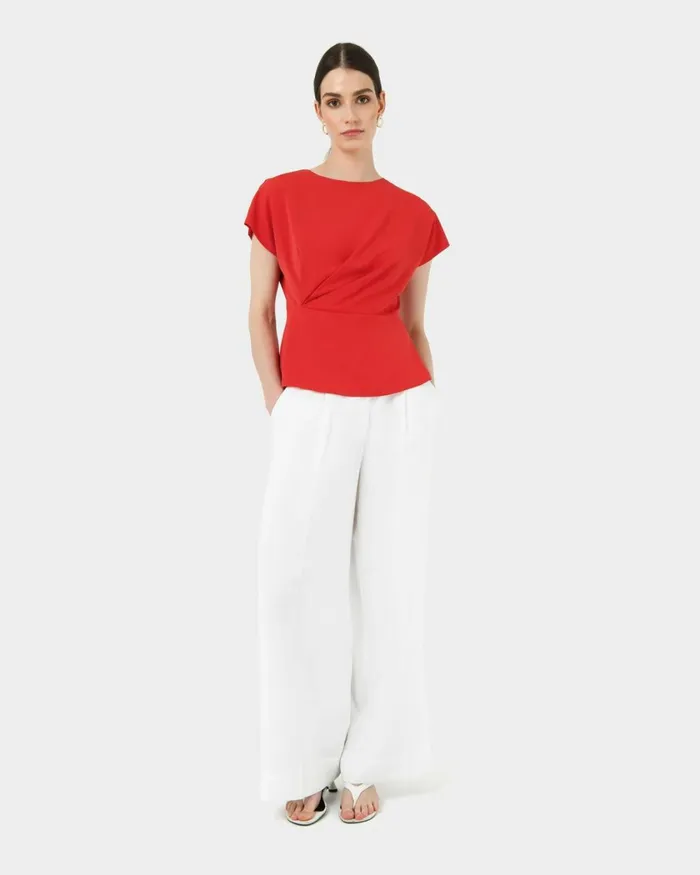 Forcast Bonnie Gathered Peplum Top Pastel Pinkredivoryblack Women TShirts and Tops