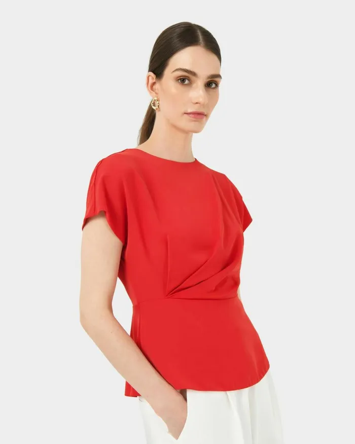 Forcast Bonnie Gathered Peplum Top Pastel Pinkredivoryblack Women TShirts and Tops