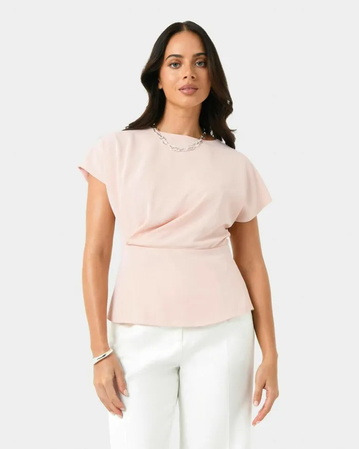 Forcast Bonnie Gathered Peplum Top Pastel Pinkredivoryblack Women TShirts and Tops