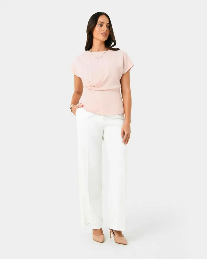 Forcast Bonnie Gathered Peplum Top Pastel Pinkredivoryblack Women TShirts and Tops
