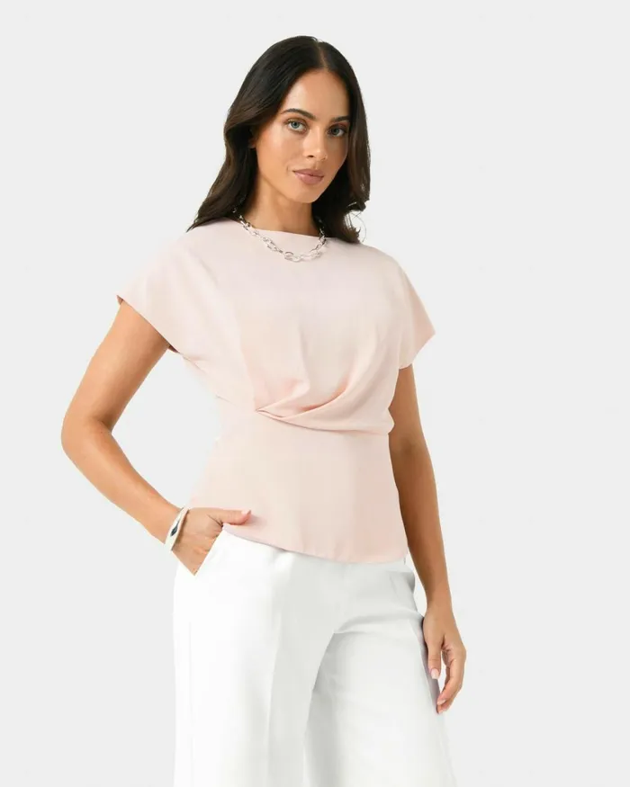 Forcast Bonnie Gathered Peplum Top Pastel Pinkredivoryblack Women TShirts and Tops