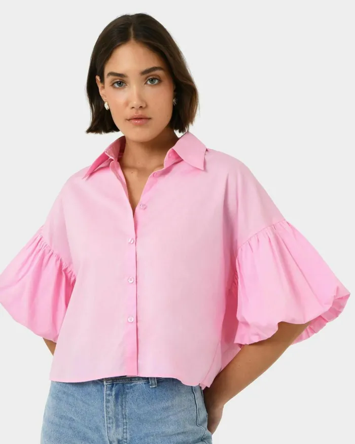 Forcast Cali Puff Sleeve Crop Shirt Pinkivory Women TShirts and Tops