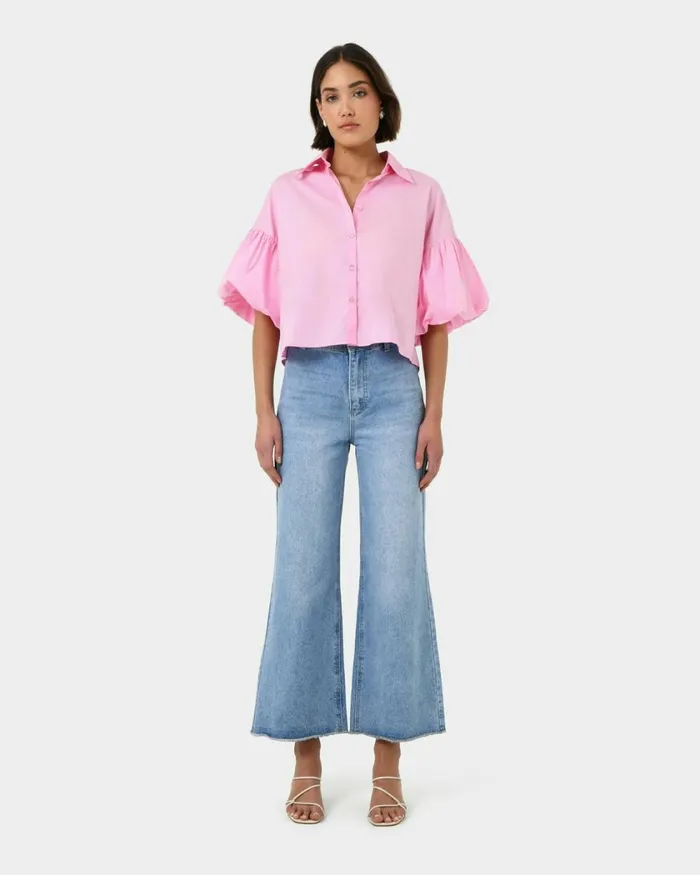 Forcast Cali Puff Sleeve Crop Shirt Pinkivory Women TShirts and Tops