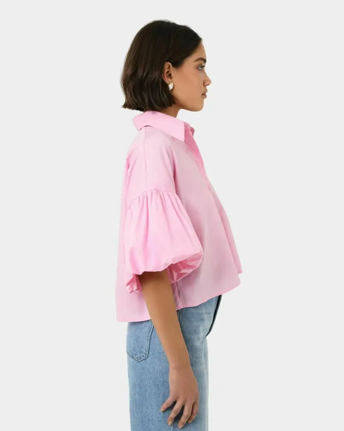 Forcast Cali Puff Sleeve Crop Shirt Pinkivory Women TShirts and Tops