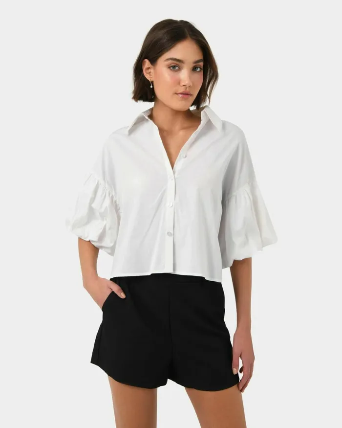 Forcast Cali Puff Sleeve Crop Shirt Pinkivory Women TShirts and Tops