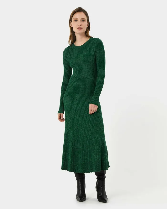 Forcast Calliope Aline Knit Dress Green Women Midi Dresses