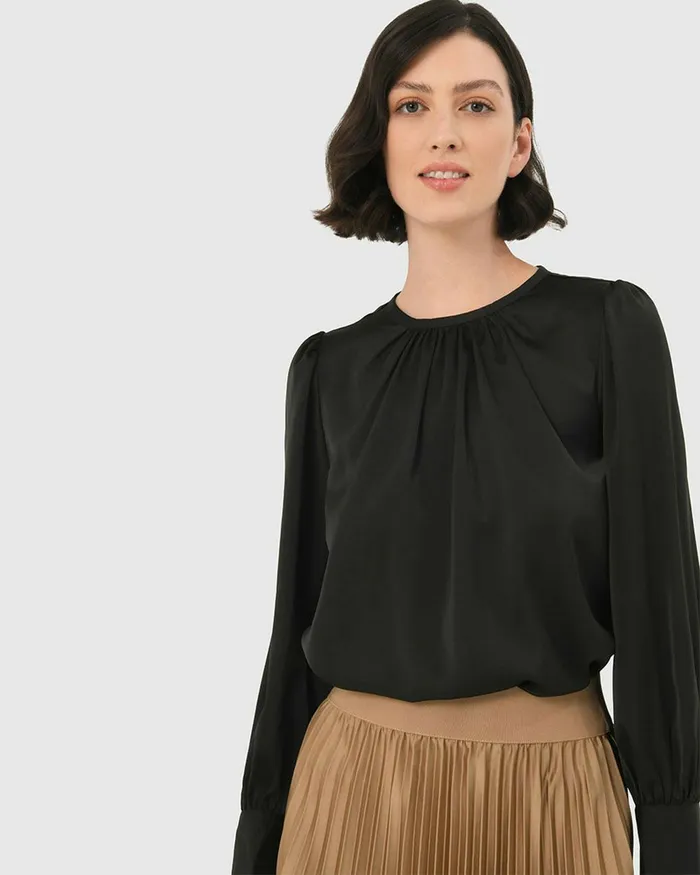 Forcast Cameron Satin Blouse Black Women TShirts and Tops