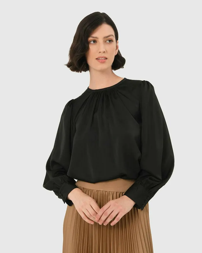 Forcast Cameron Satin Blouse Black Women TShirts and Tops