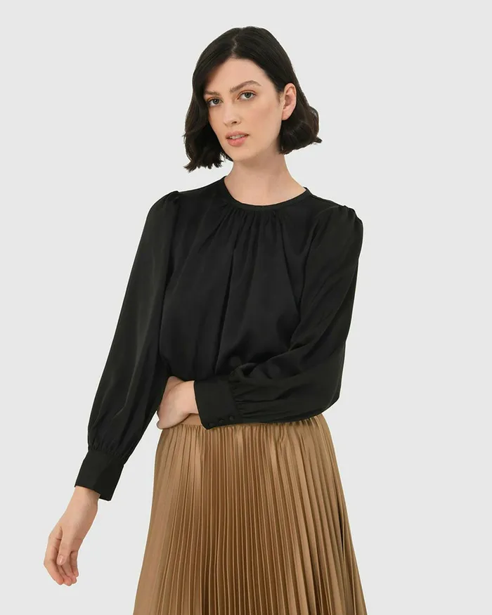Forcast Cameron Satin Blouse Black Women TShirts and Tops