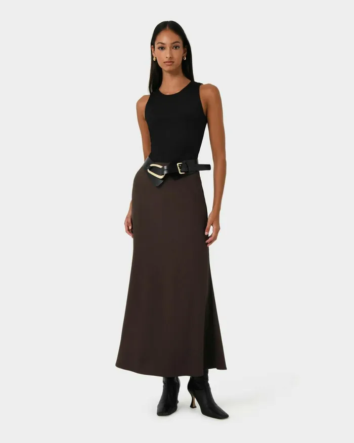 Forcast Caris Flared Maxi Skirt Chocolateblack Women Midi and Maxi Skirts