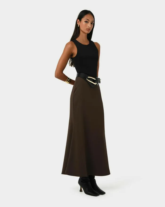Forcast Caris Flared Maxi Skirt Chocolateblack Women Midi and Maxi Skirts