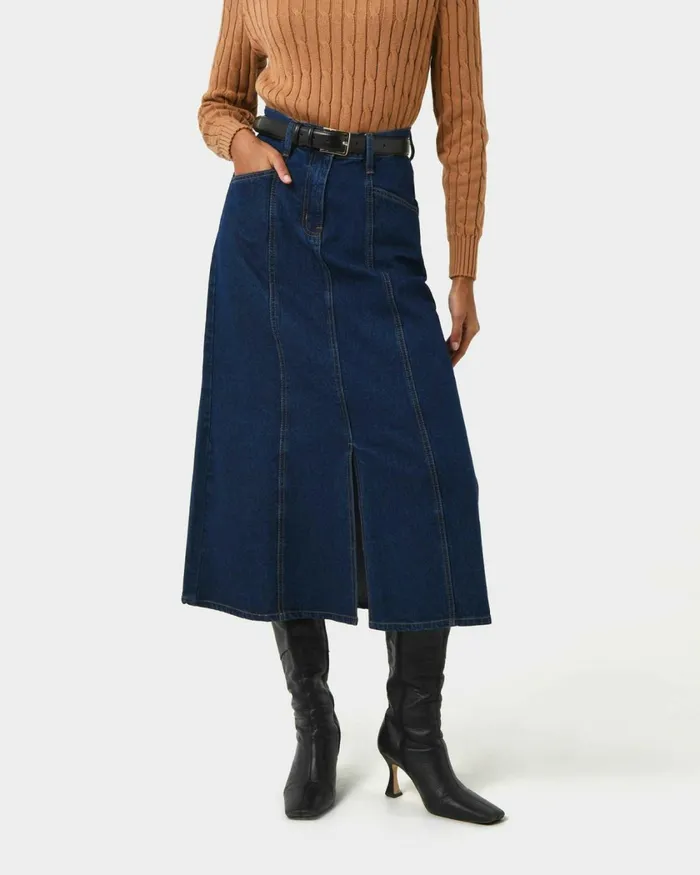 Forcast Carmen Panel Denim Skirt Indigo Blue Women Midi and Maxi Skirts