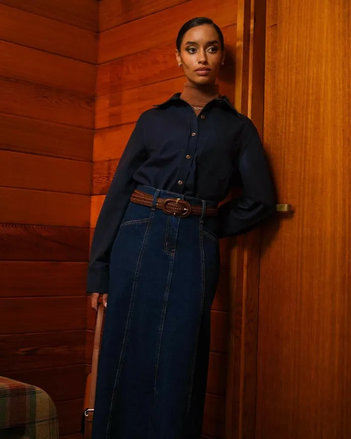 Forcast Carmen Panel Denim Skirt Indigo Blue Women Midi and Maxi Skirts