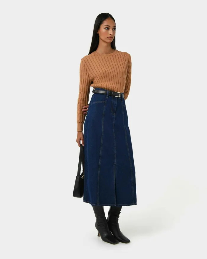 Forcast Carmen Panel Denim Skirt Indigo Blue Women Midi and Maxi Skirts