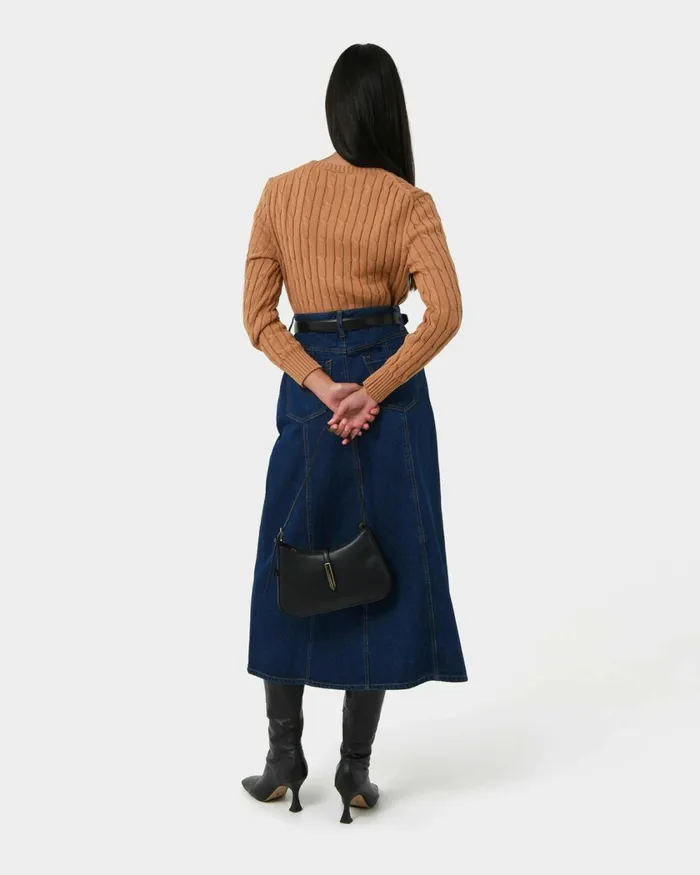 Forcast Carmen Panel Denim Skirt Indigo Blue Women Midi and Maxi Skirts