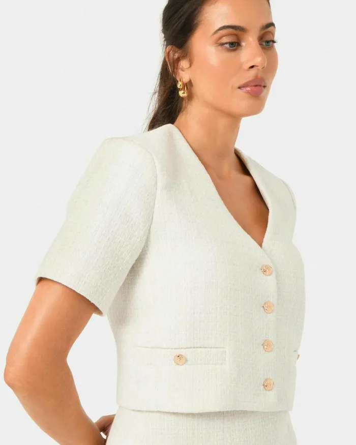 Forcast Carmen Tweed Crop Jacket Ivoryblack Women Jackets and Blazers
