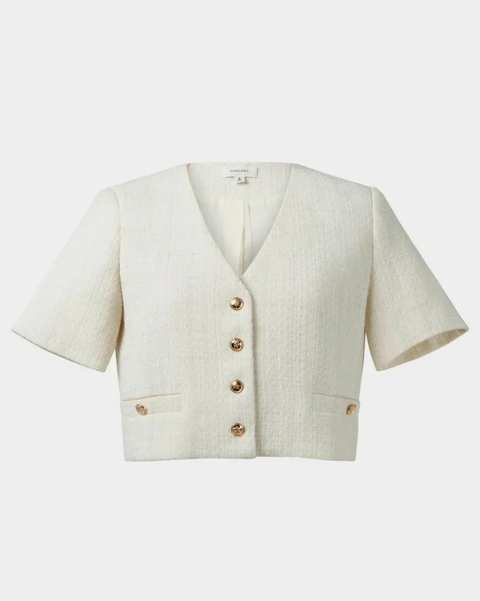 Forcast Carmen Tweed Crop Jacket Ivoryblack Women Jackets and Blazers
