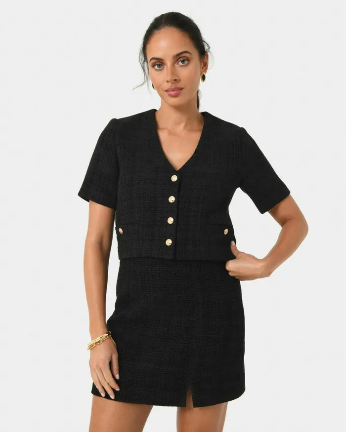 Forcast Carmen Tweed Crop Jacket Ivoryblack Women Jackets and Blazers