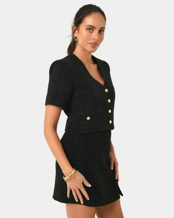 Forcast Carmen Tweed Crop Jacket Ivoryblack Women Jackets and Blazers