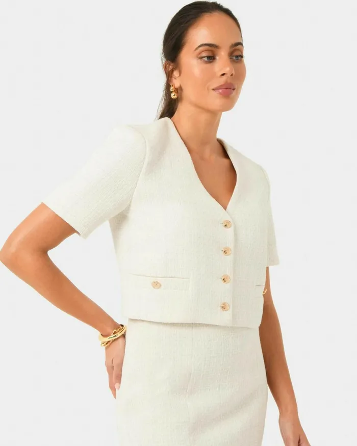 Forcast Carmen Tweed Crop Jacket Ivoryblack Women Jackets and Blazers
