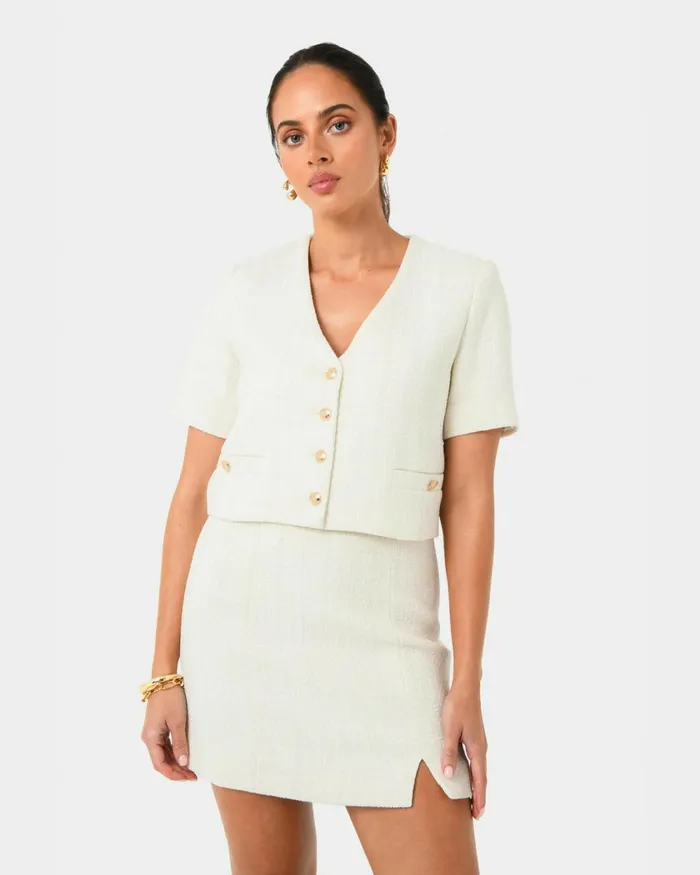 Forcast Carmen Tweed Crop Jacket Ivoryblack Women Jackets and Blazers