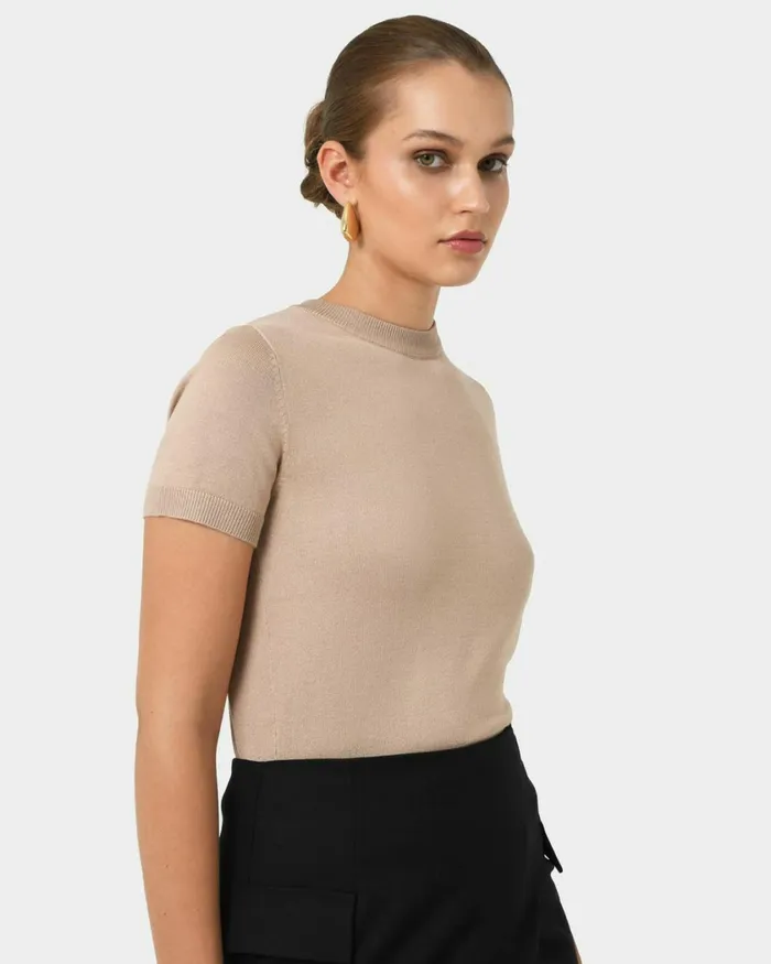 Forcast Catherine Short Sleeve Knit Cabernetlight Taupetobaccomauve Pinkcoral Creamivorynavylight Greyblack Women TShirts and Tops