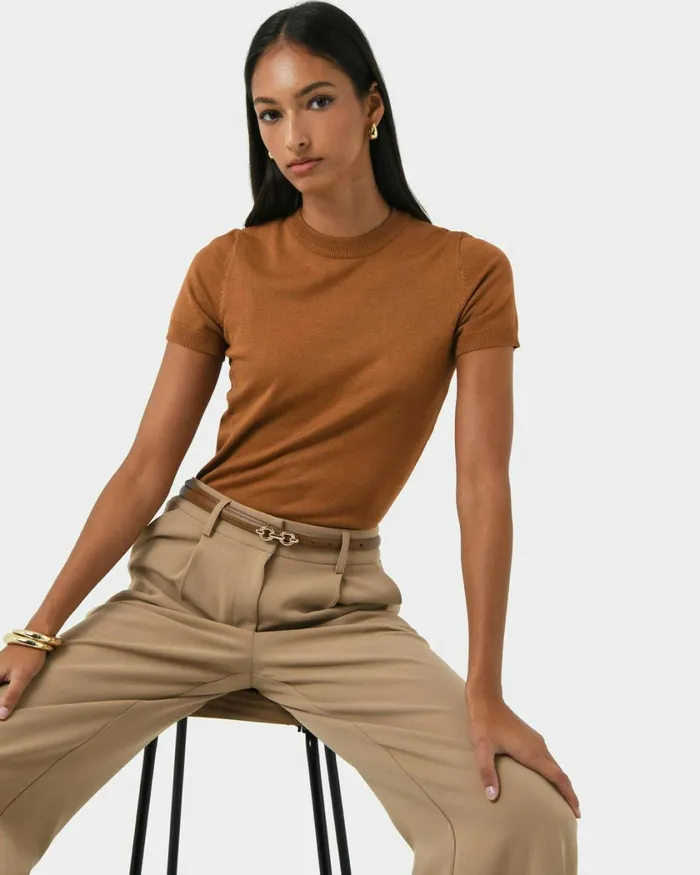 Forcast Catherine Short Sleeve Knit Cabernetlight Taupetobaccomauve Pinkcoral Creamivorynavylight Greyblack Women TShirts and Tops