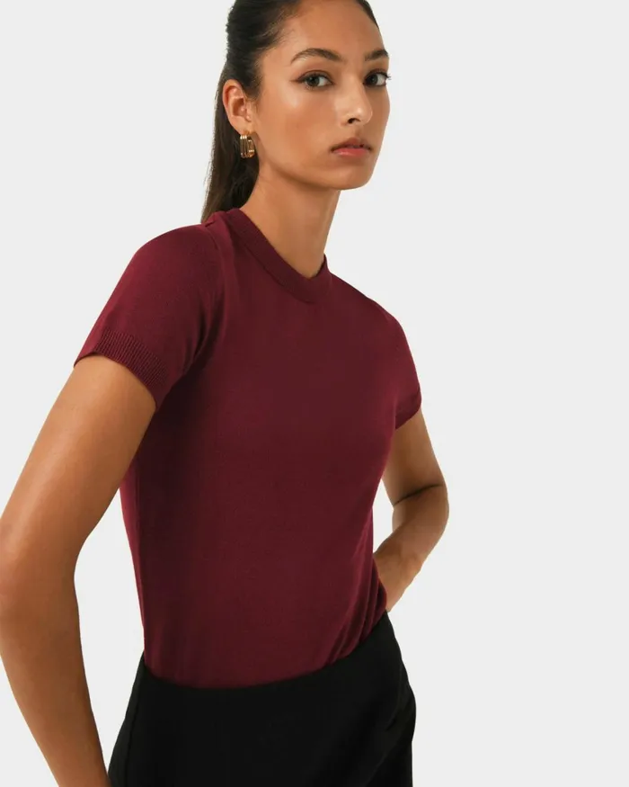 Forcast Catherine Short Sleeve Knit Cabernetlight Taupetobaccomauve Pinkcoral Creamivorynavylight Greyblack Women TShirts and Tops