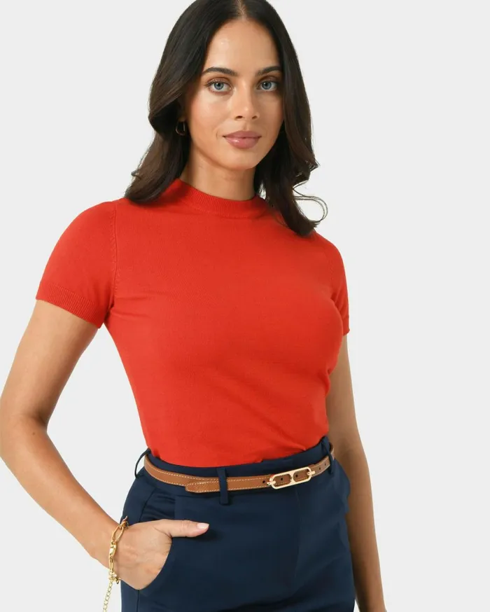 Forcast Catherine Short Sleeve Knit Cabernetlight Taupetobaccomauve Pinkredcoral Creamivorynavylight Greyblack Women TShirts and Tops
