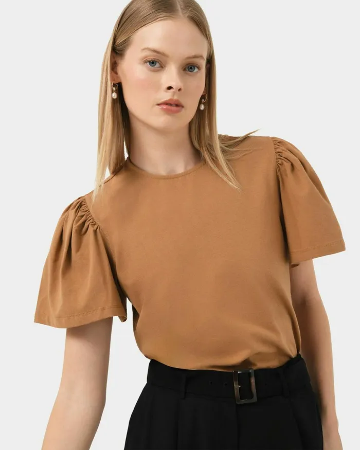 Forcast Cayla Gathered Sleeve Tee Camel Women TShirts and Tops