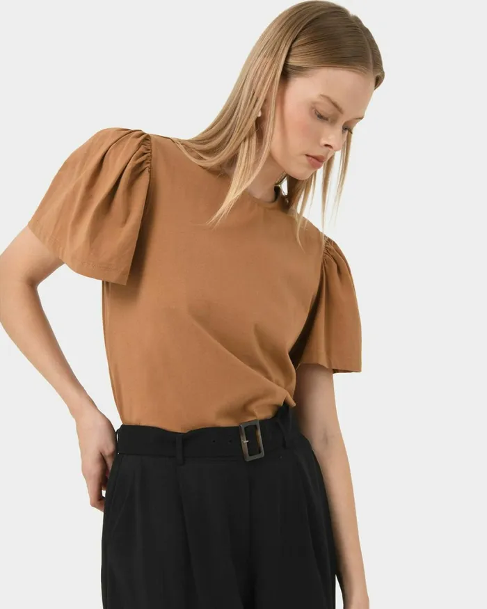 Forcast Cayla Gathered Sleeve Tee Camel Women TShirts and Tops