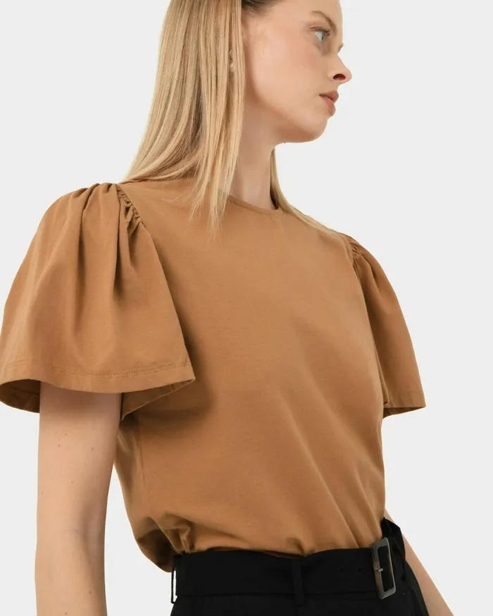 Forcast Cayla Gathered Sleeve Tee Camel Women TShirts and Tops