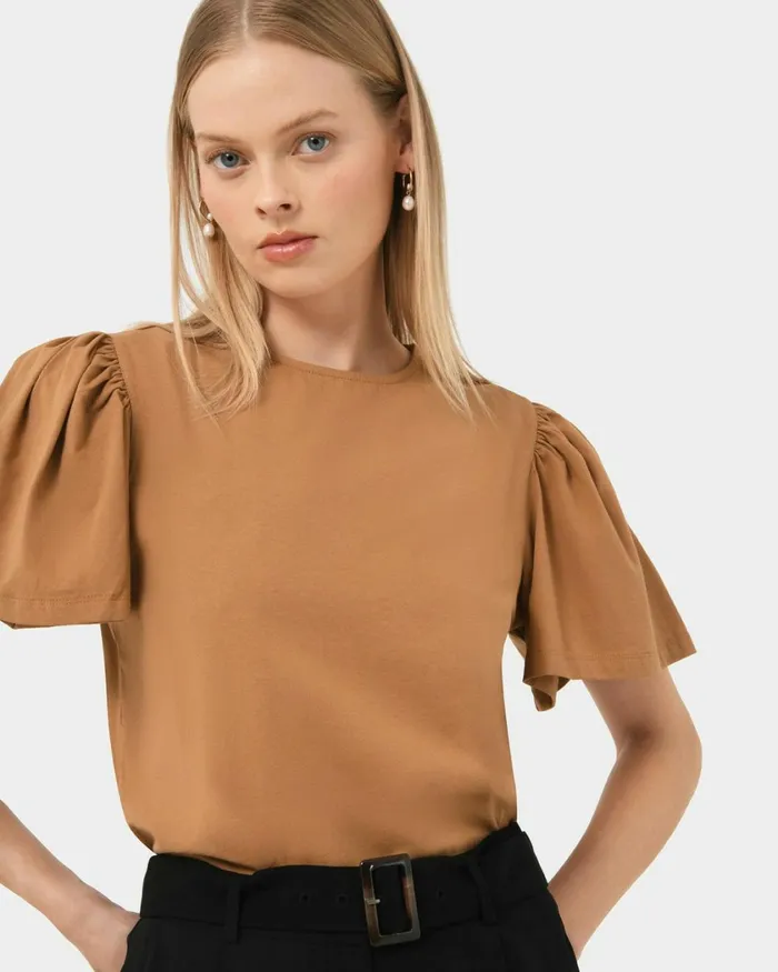 Forcast Cayla Gathered Sleeve Tee Camel Women TShirts and Tops